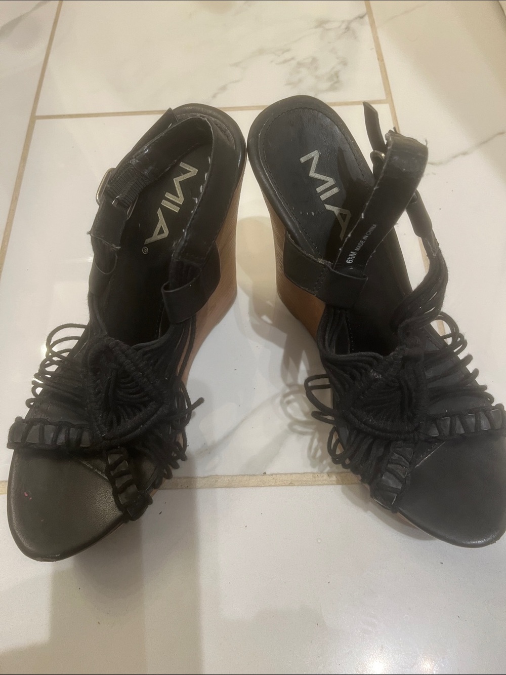 MIA Black Woven Rope Slingback Wedges with Brown Stack Heel
